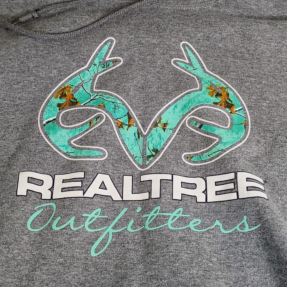 Realtree Mens 2XL Hoodie Grey Teal Aqua Camo Logo Outfitters Pullover Jerzees